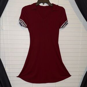 Ribbed V-Neck Dress with Striped Sleeves